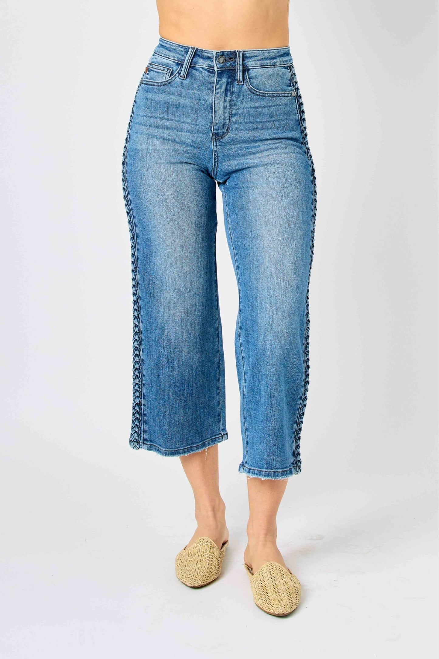 Judy Blue High Waist Braided Crop Wide Leg Jeans