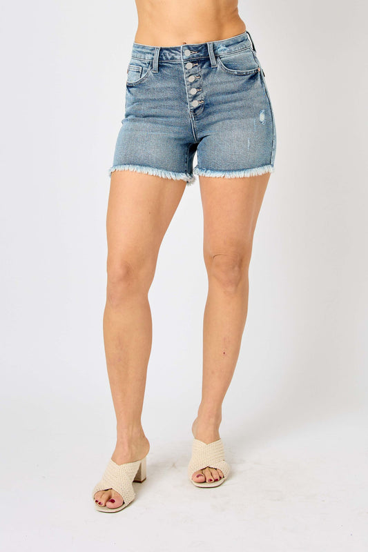 Judy Blue High Waist Button Fly Destroy Hi-Lo Cut Shorts