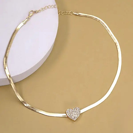 Herring Bone Necklace w Rhinestone Heart Charm