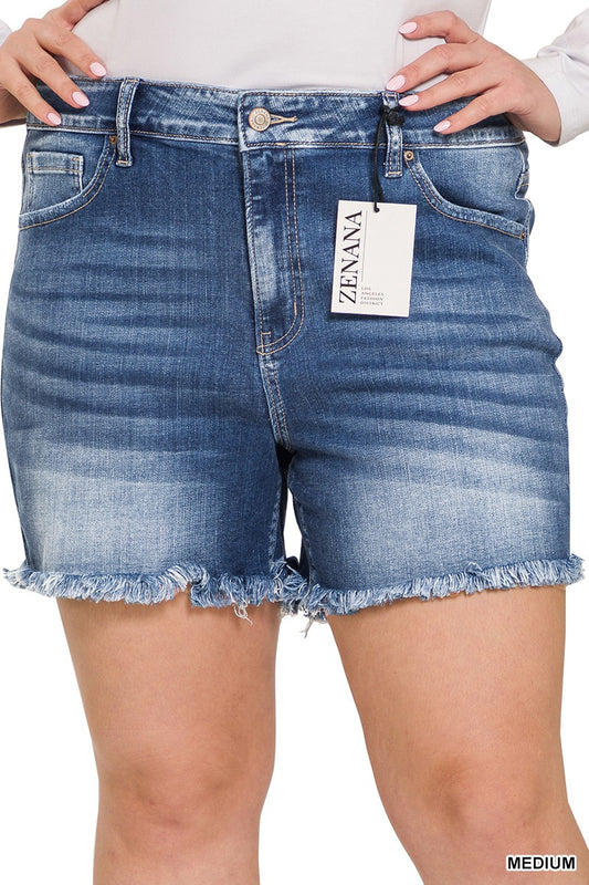 Zenana Plus Mid Rise raw Frayed Hem Denim Shorts