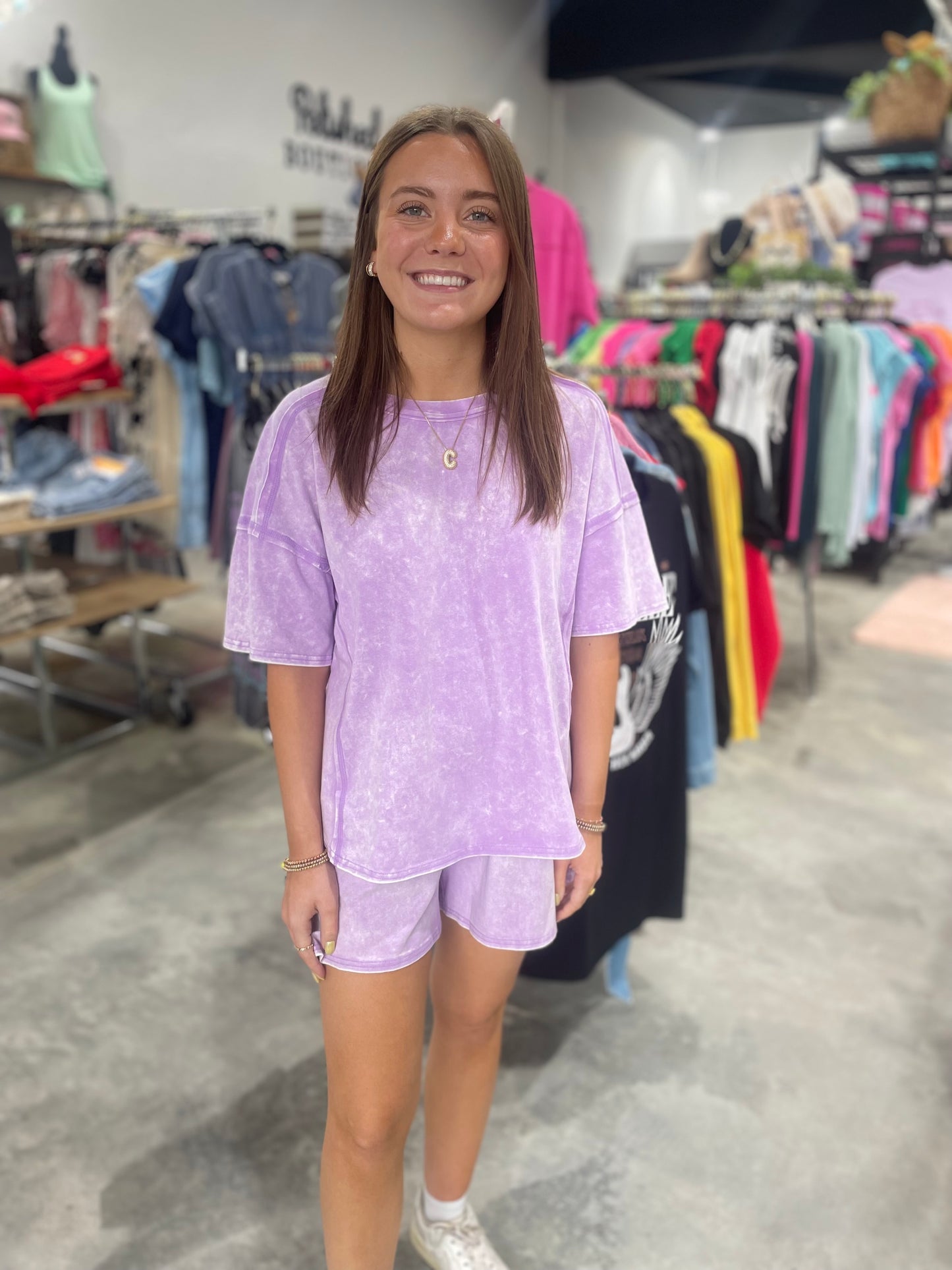 Zenana Acid Washed Short Sleeve & Shorts Set