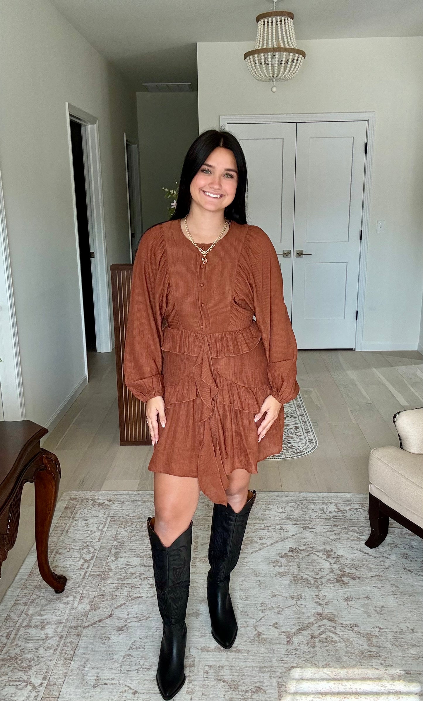 Toasted Caramel Kiss Ruffle Mini Dress