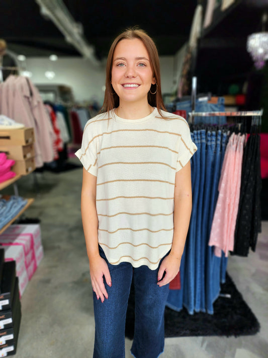 Caramel Stripes Short Sleeve Sweater
