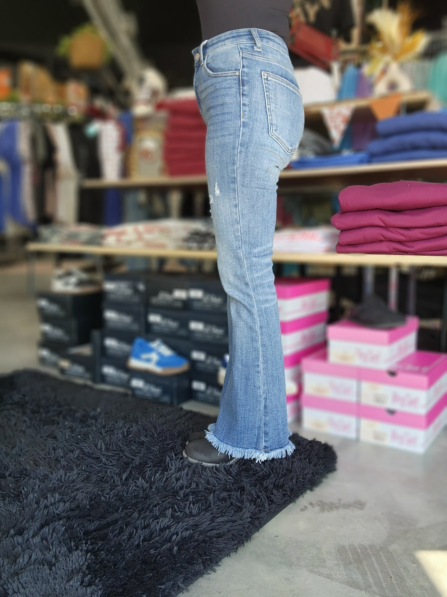 Risen High Rise Bootcut Vintage Frayed Hem Denim Jeans