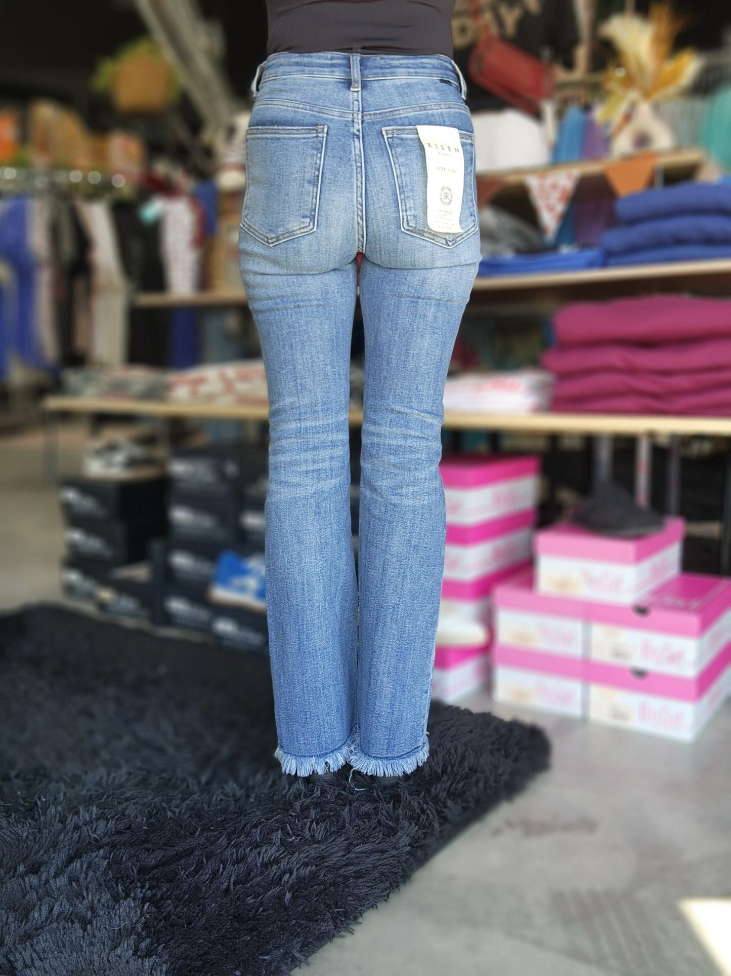 Risen High Rise Bootcut Vintage Frayed Hem Denim Jeans