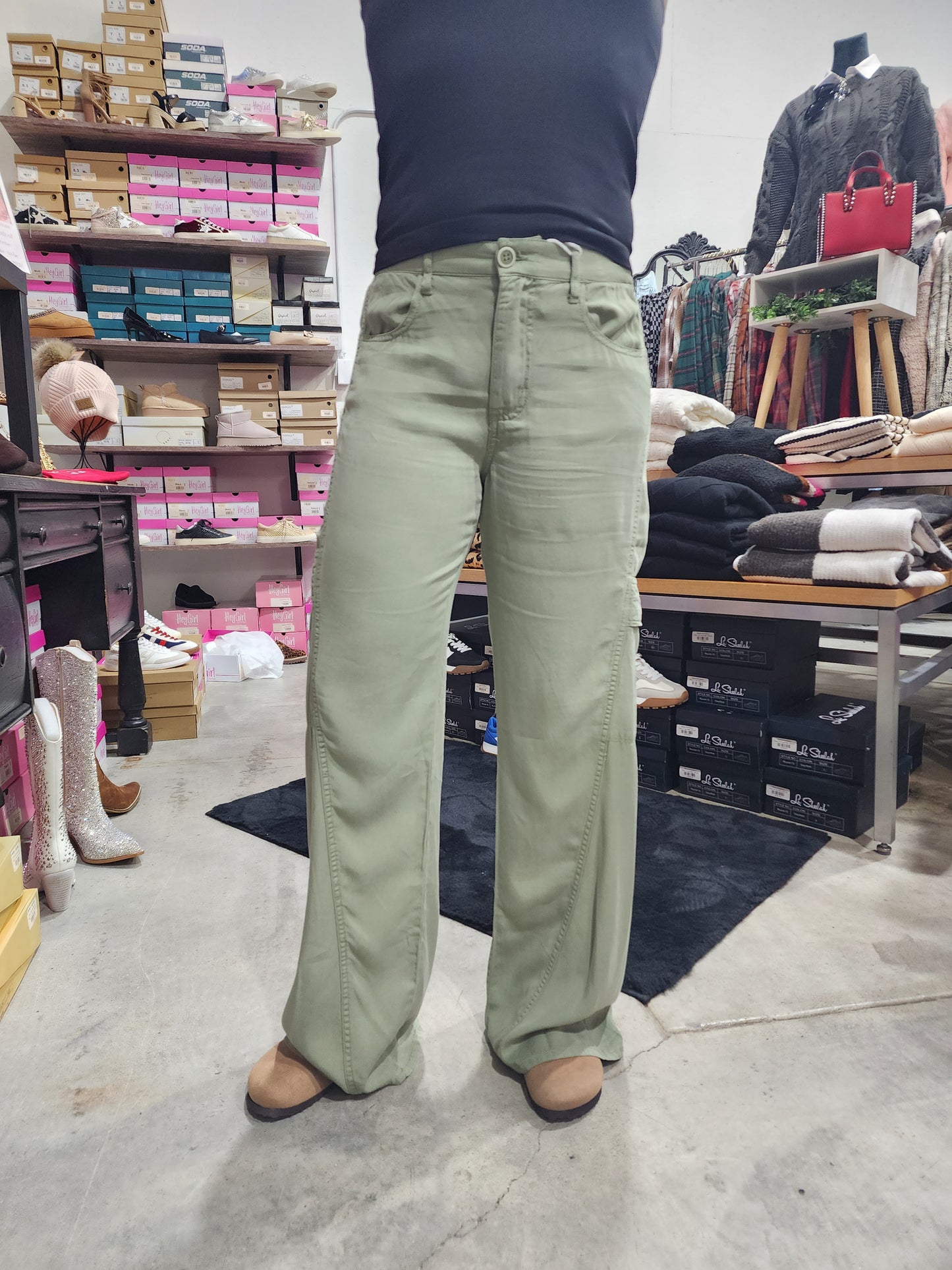 Risen High Rise Ankle Wide Tencel Cargo Pants