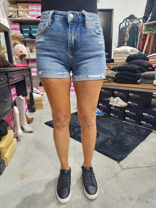 Risen Mid Rise Cuffed Denim Shorts