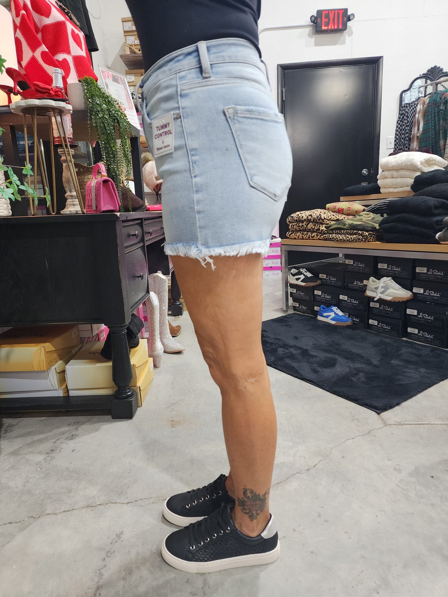 Risen TC High Rise Frayed Hem Denim Shorts