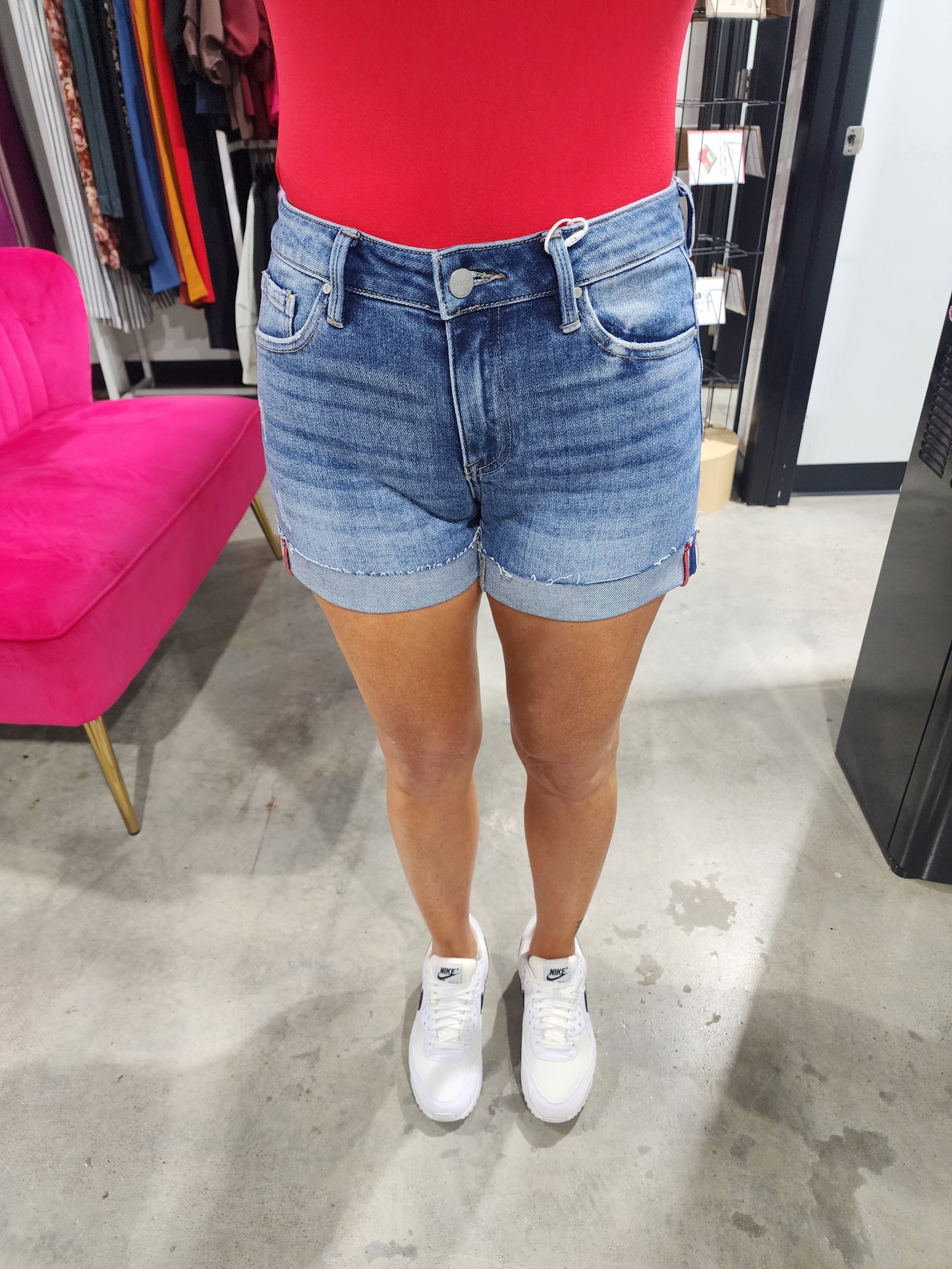 Risen Mid Rise Cuffed Striped Denim Shorts