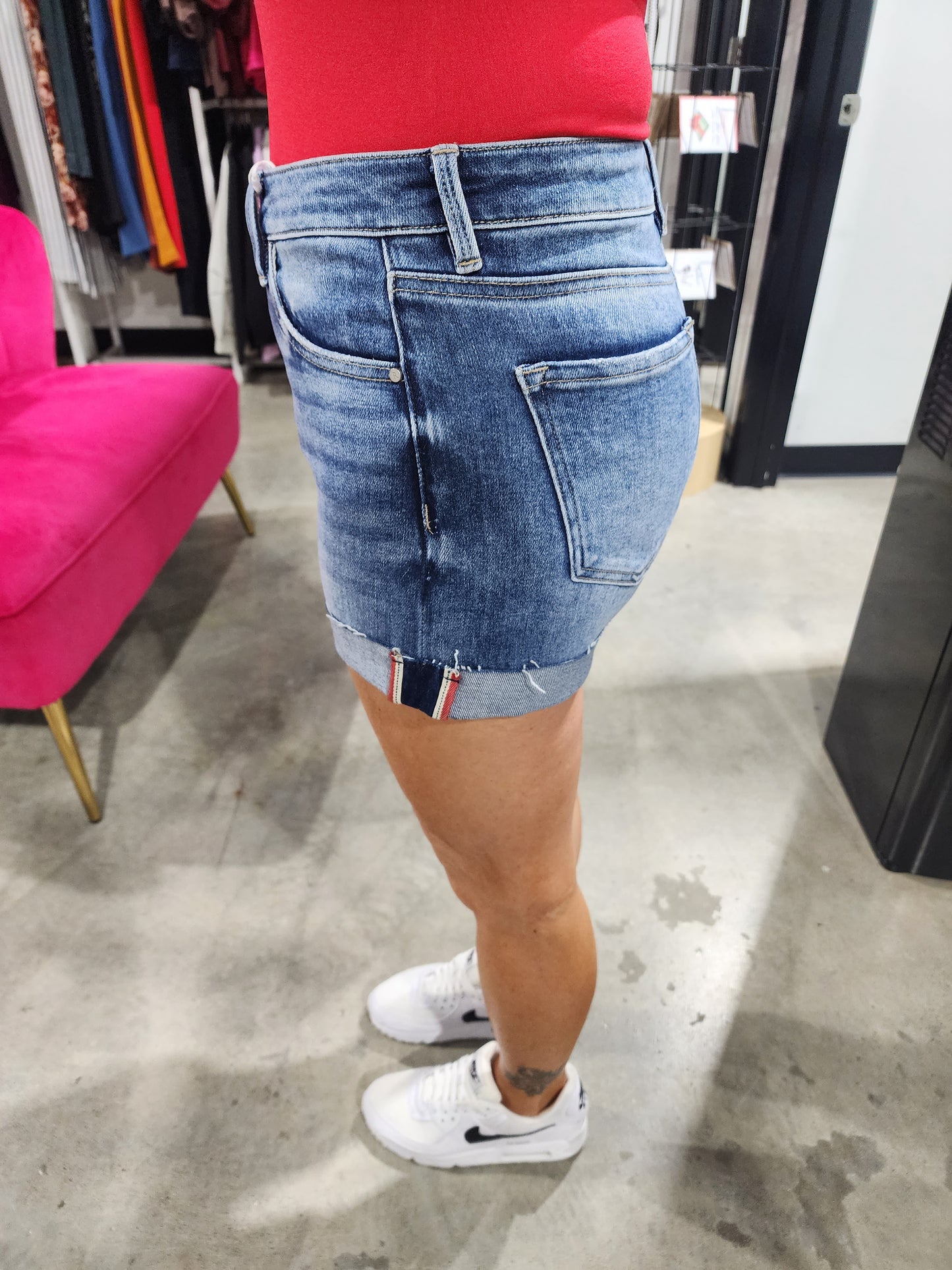 Risen Mid Rise Cuffed Striped Denim Shorts