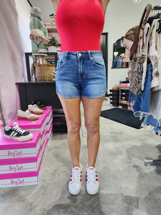 Risen High Rise Round Hem Denim Shorts