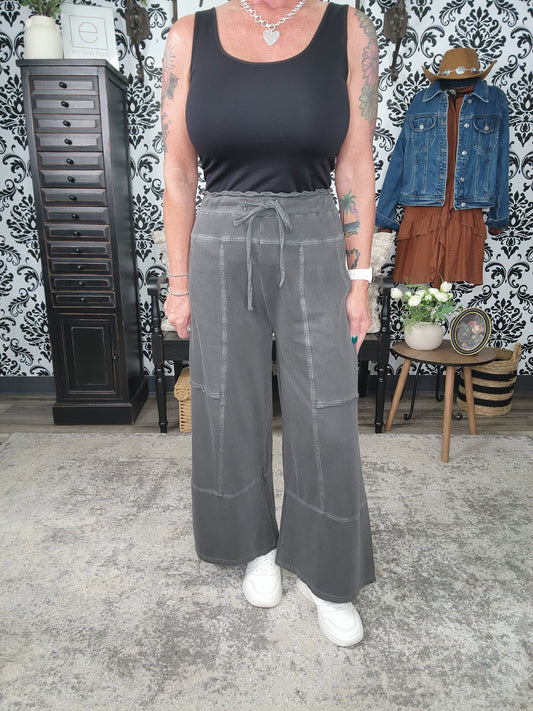 French Terry Washed Exposed Seam Wide Leg Pants
