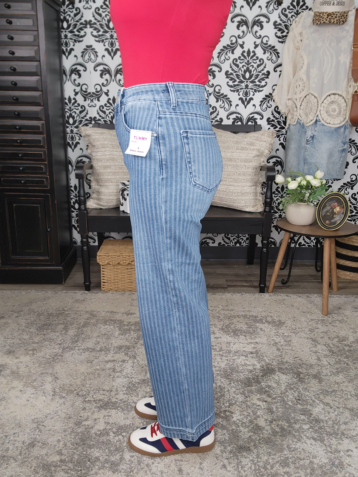 Risen TC HR Crop Straight Stripe Denim Jeans