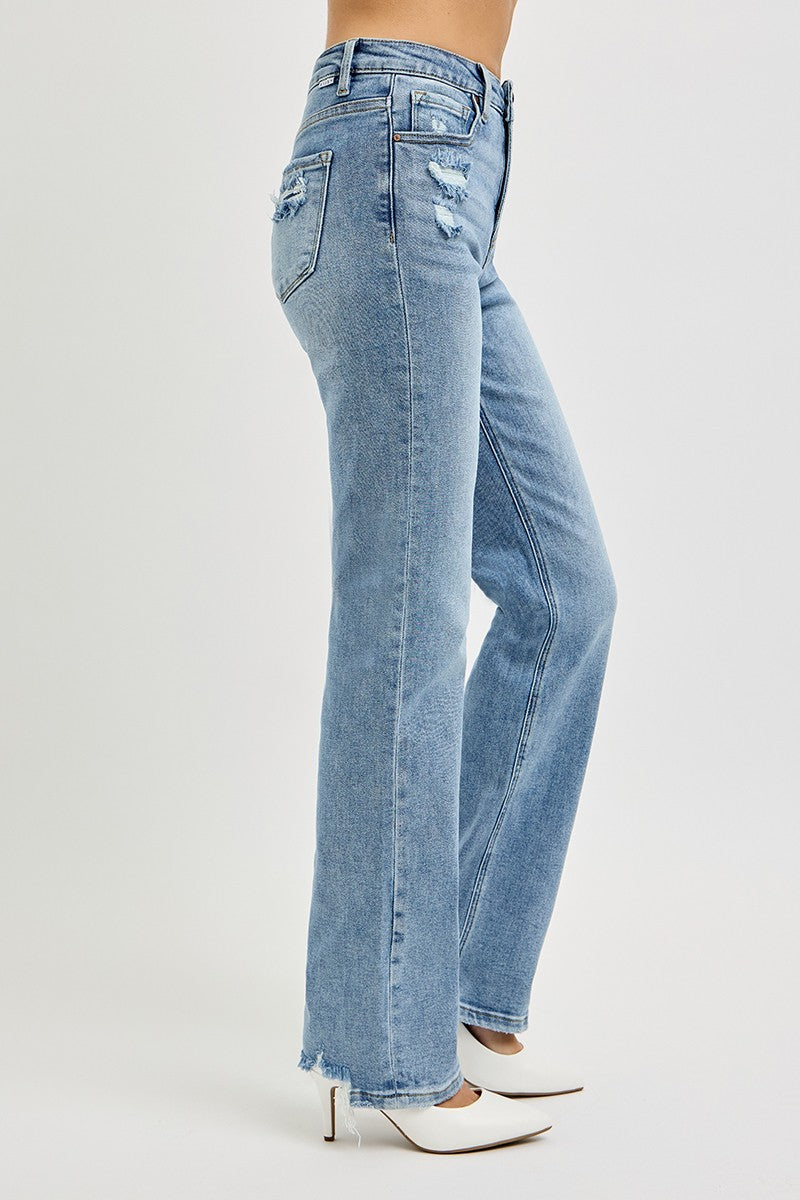 Risen Tummy Control High Rise Straight Distressed Jeans