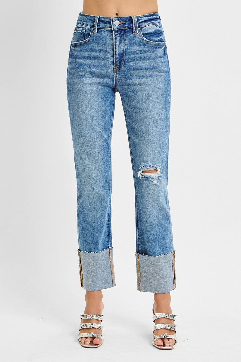 Risen High Rise-Ankle Straight-Wide Cuffed Jeans
