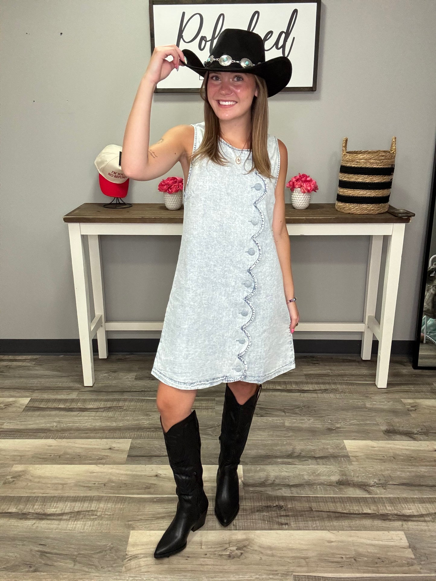 Scallop Button Down Denim Mini Dress