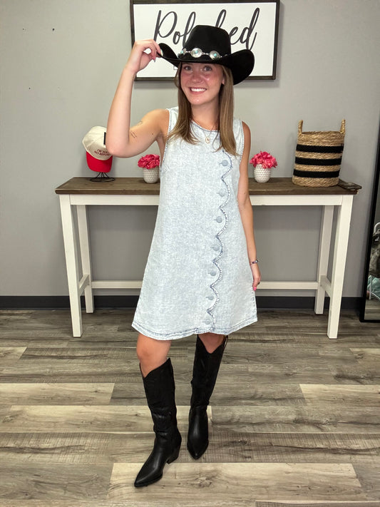 Scallop Button Down Denim Mini Dress