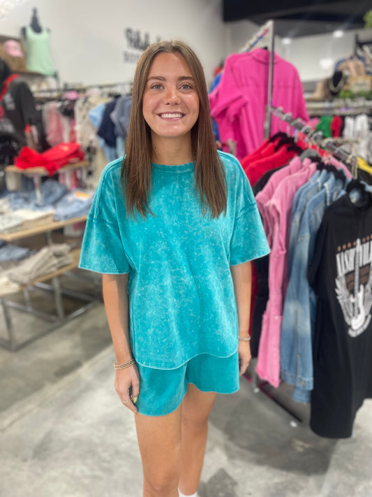 Zenana Acid Washed Short Sleeve & Shorts Set
