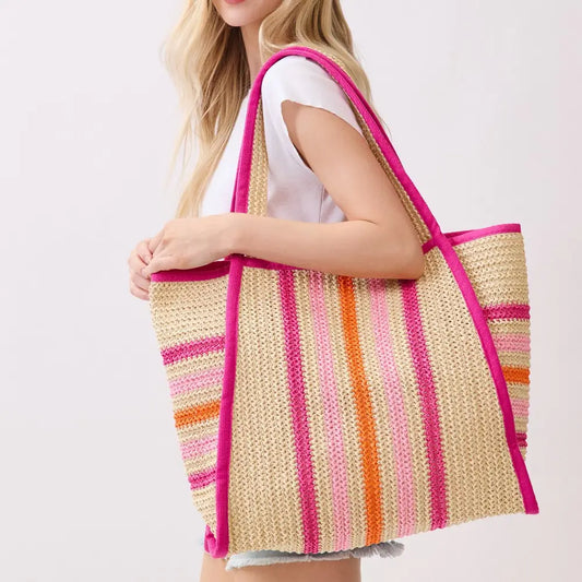 Oversized Striped Straw Braided Tote Bag