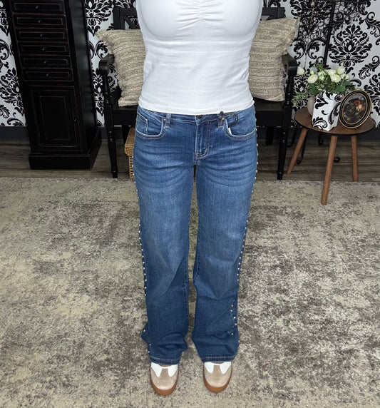 Mica Mid Rise Wide Leg Embellished Side Jeans