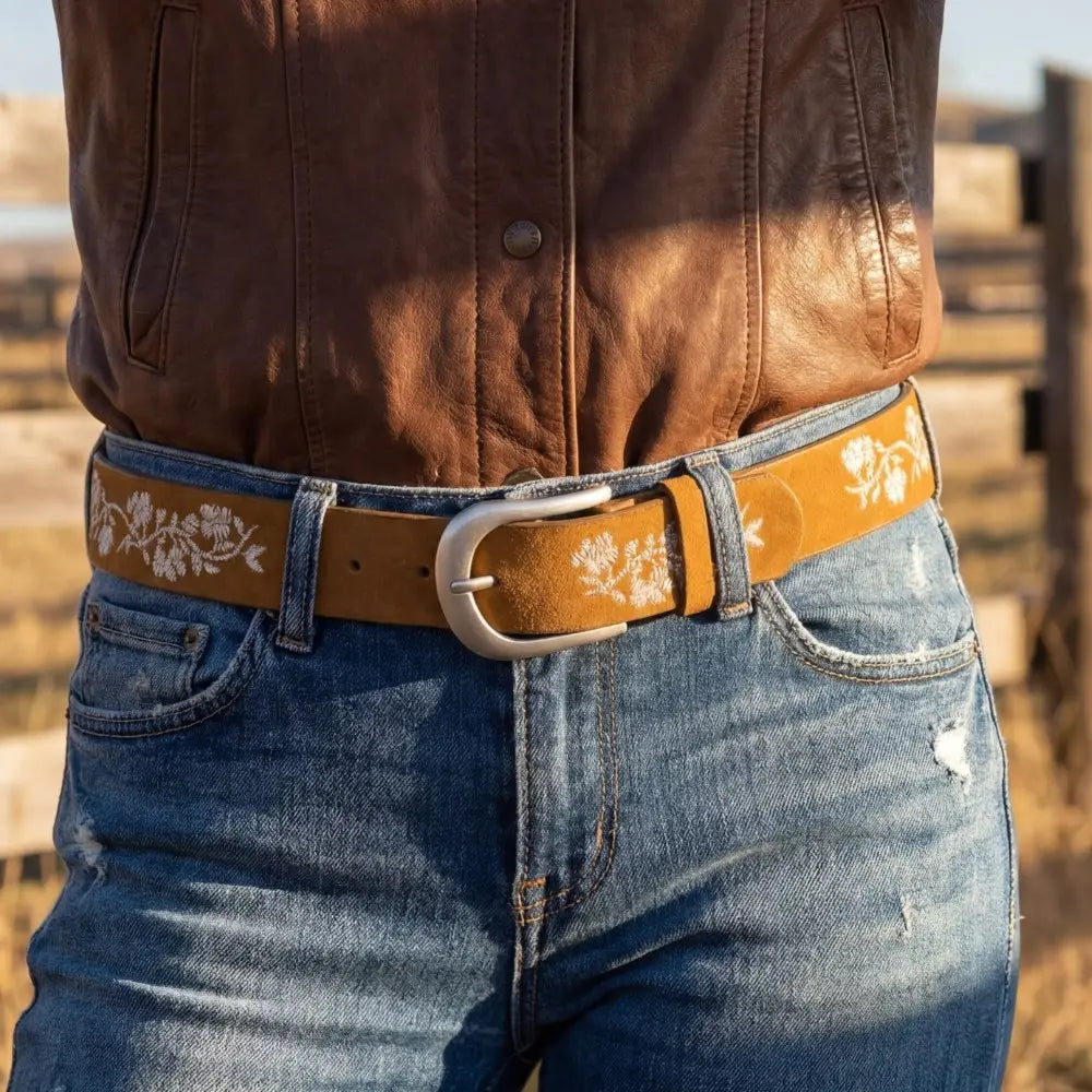 Embroidered Flower Vine Leather Belt