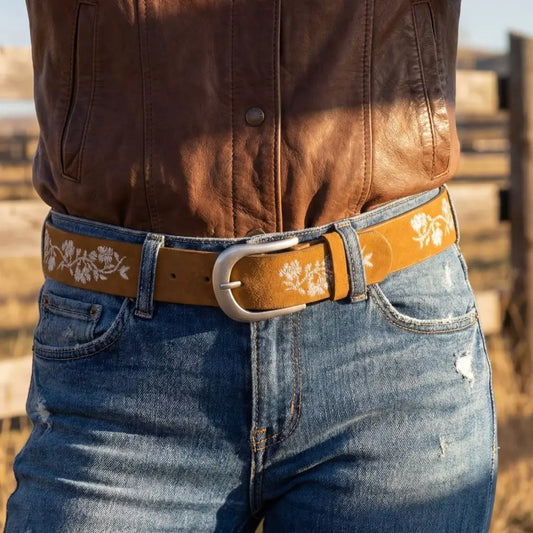 Embroidered Flower Vine Leather Belt