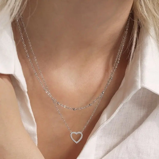 Dainty Silver Layered Heart Necklace