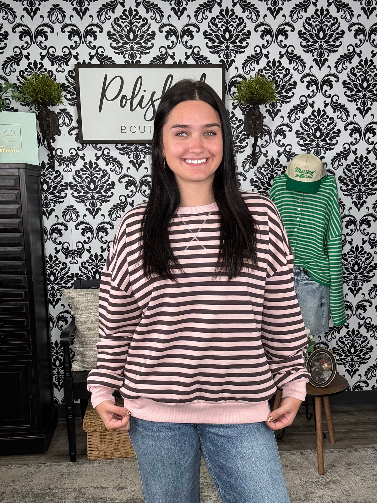 Striped V-Stitch Long Sleeve Top