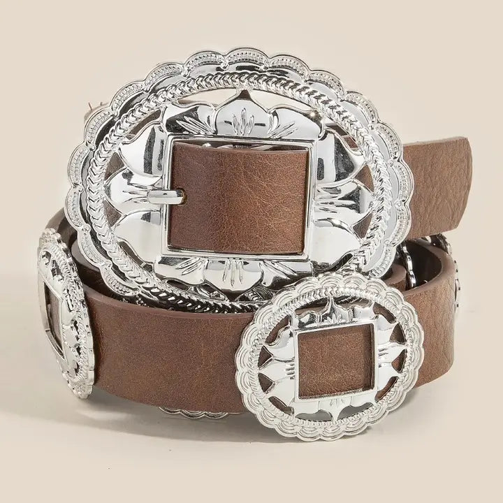 Western Floral Concho Disc Leather Belt