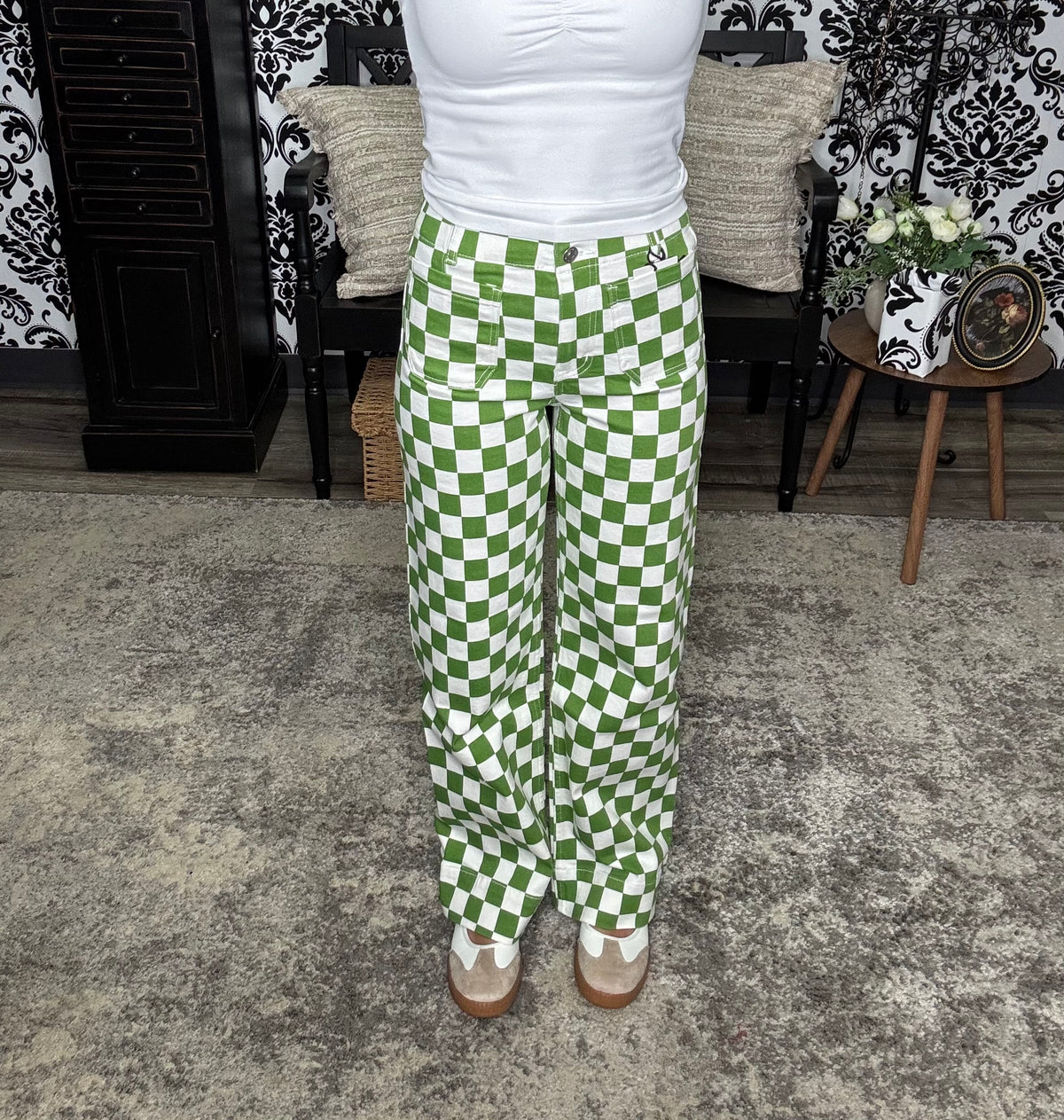Mica High Rise Wide Lege Ankle Chess Print Jeans