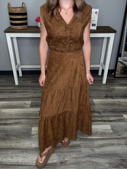 Suede Tiered Midi Skirt