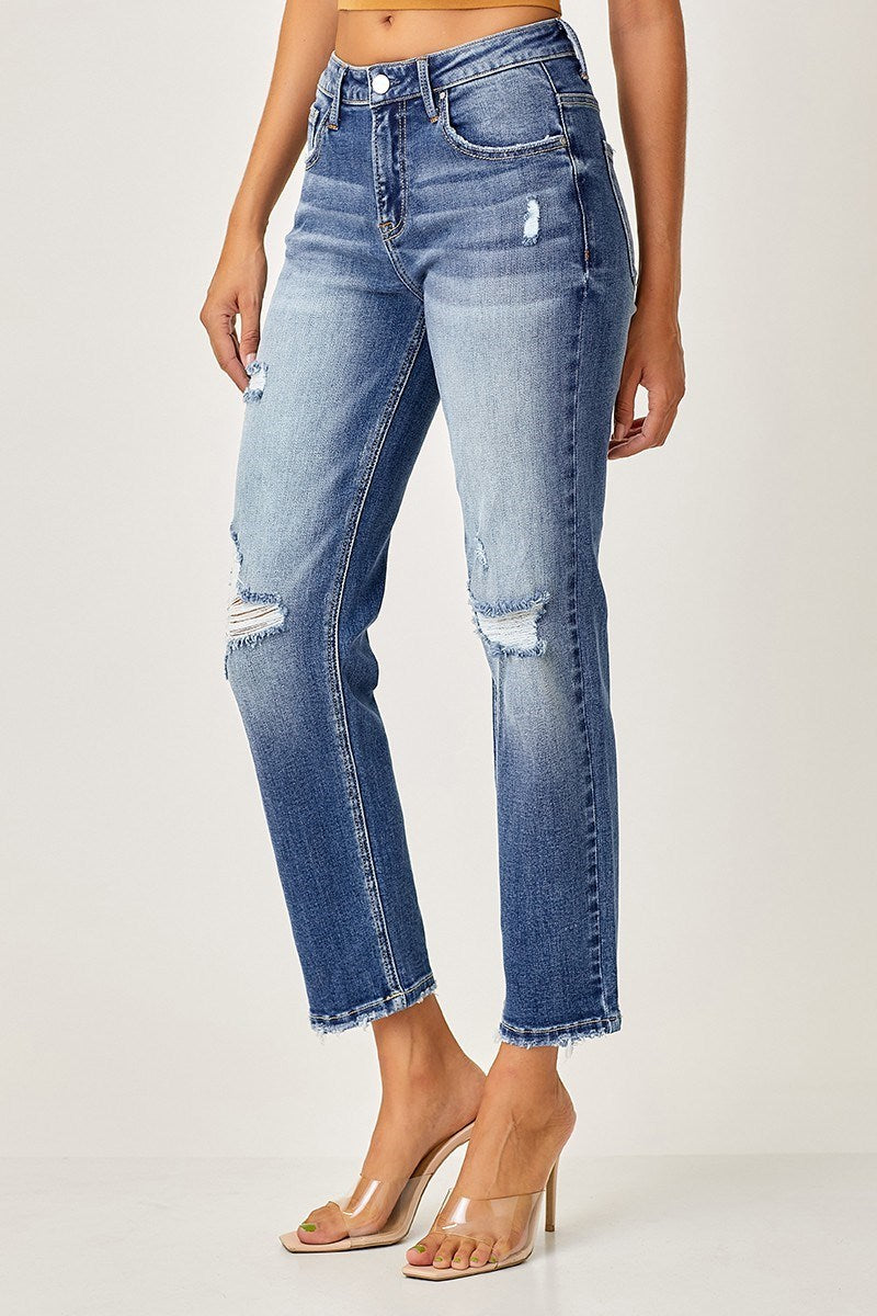 Risen Mid-Rise Distressed Boyfriend Fit Jeans