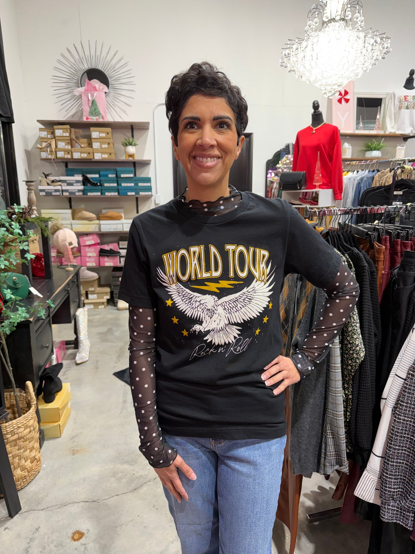 Polka Dot Mesh Long Sleeve Top