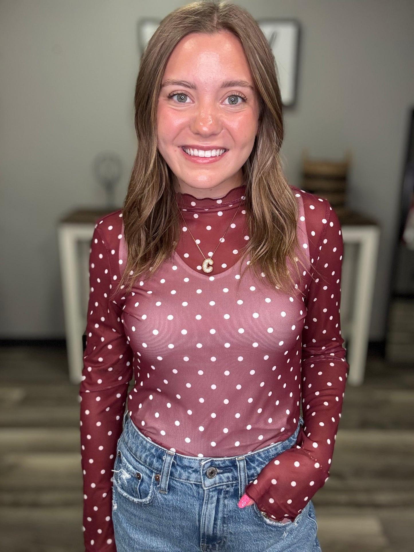 Polka Dot Mesh Long Sleeve Top