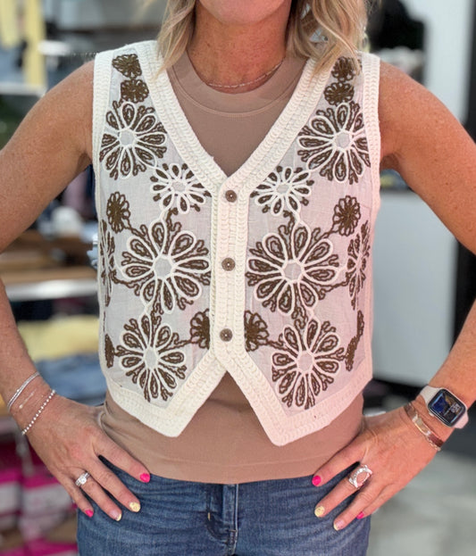 Floral V-Neck Crochet Vest