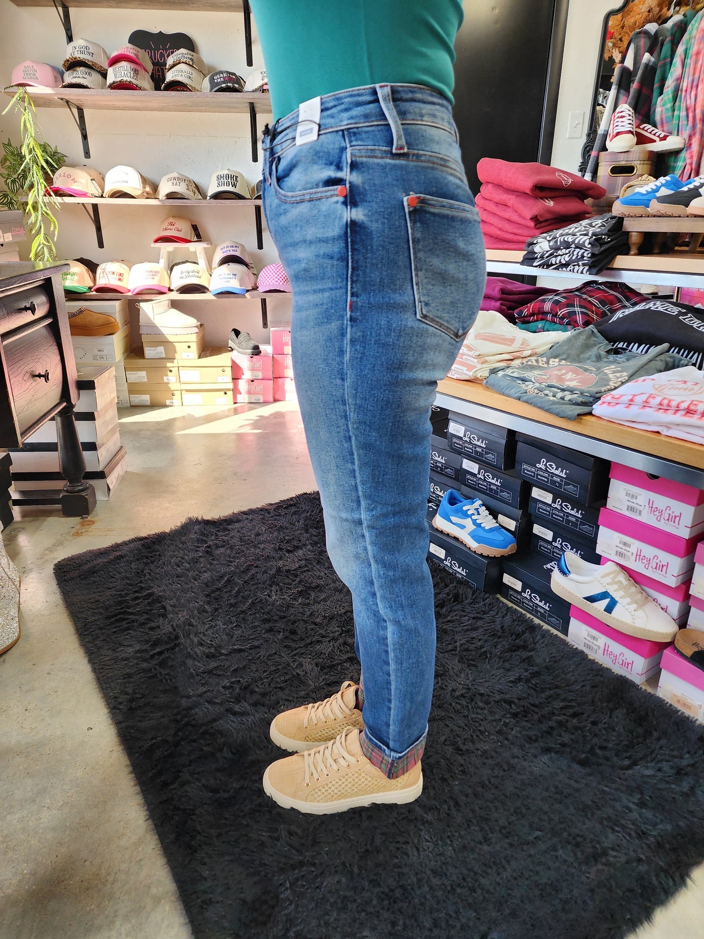 Judy Blue Mid Rise Plaid Print Cuff Boyfriend Denim Jeans