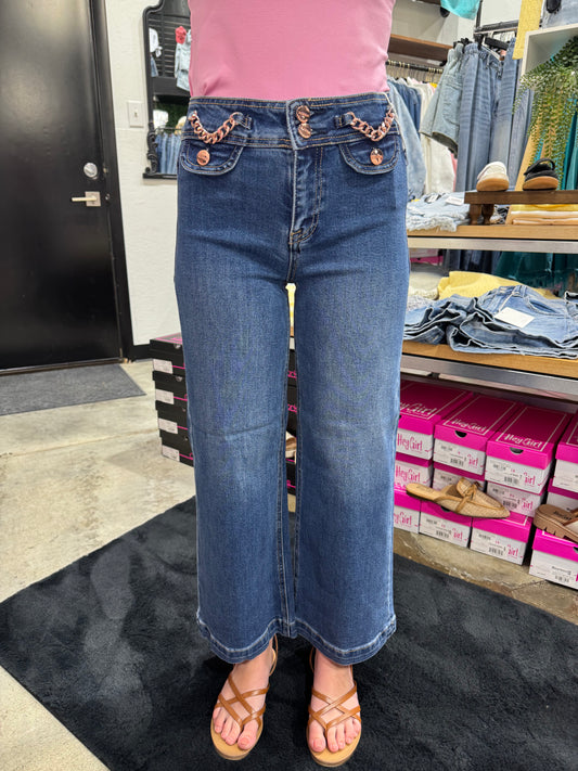Risen High Rise Crop Wide Waist Chain Detail Denim Jeans