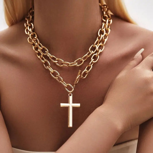 Puffy Cross Chunky Chain Toggle Necklace