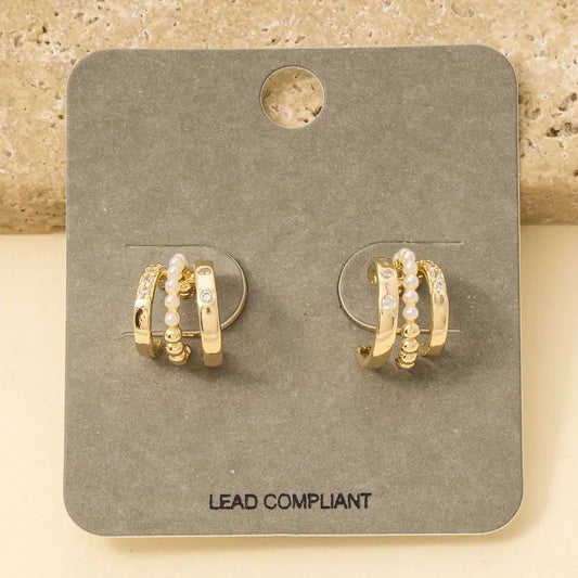 Three Line Pearl Bead Hoop Earrings