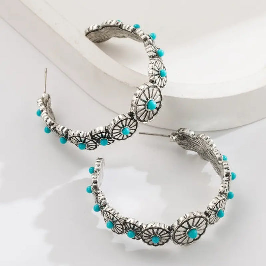 Flower Western Turquoise Hoop Earrings