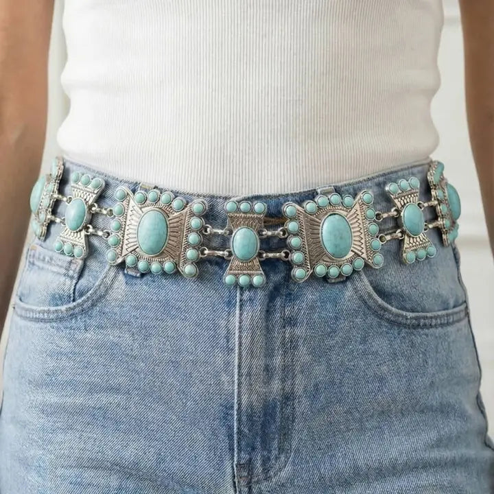 Turquoise Stone Western Concho Chain Belt